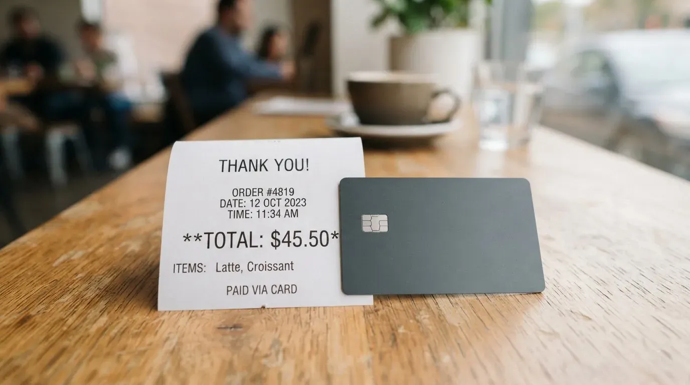 A receipt and a card on a café table