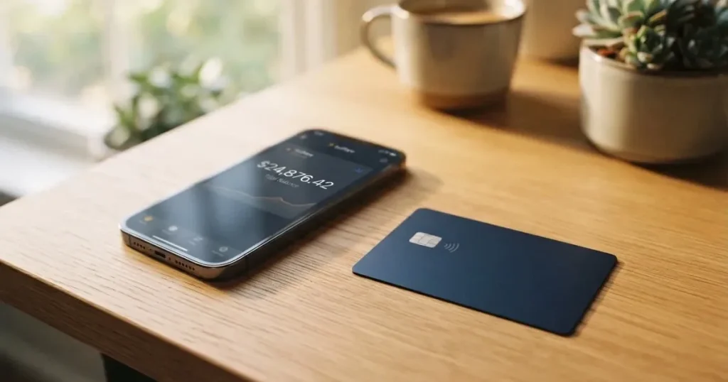 A payment card next to a phone with a crypto wallet app open