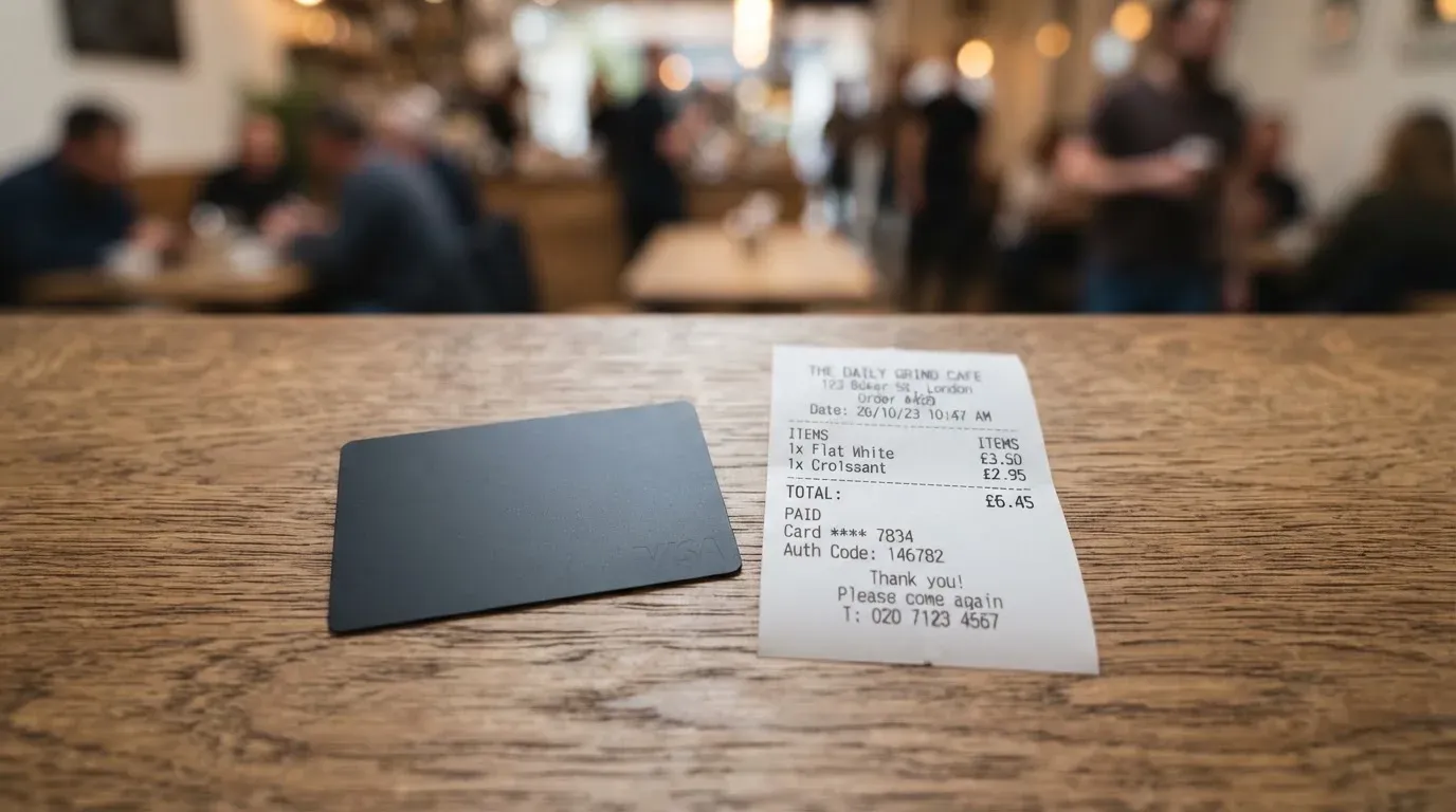 A receipt and a card on a café table