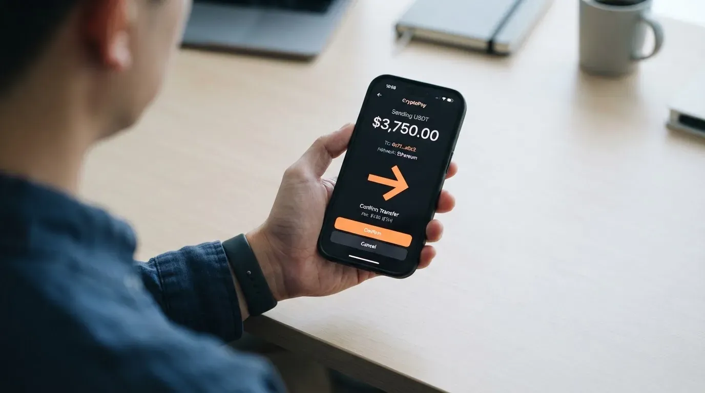 A phone showing a stablecoin transfer screen