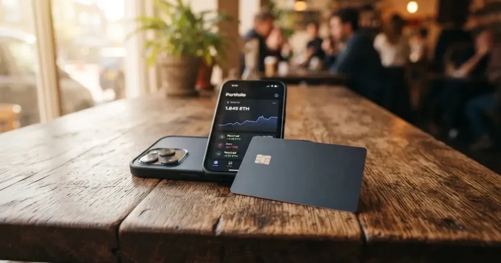 A payment card next to a phone with a crypto wallet app open