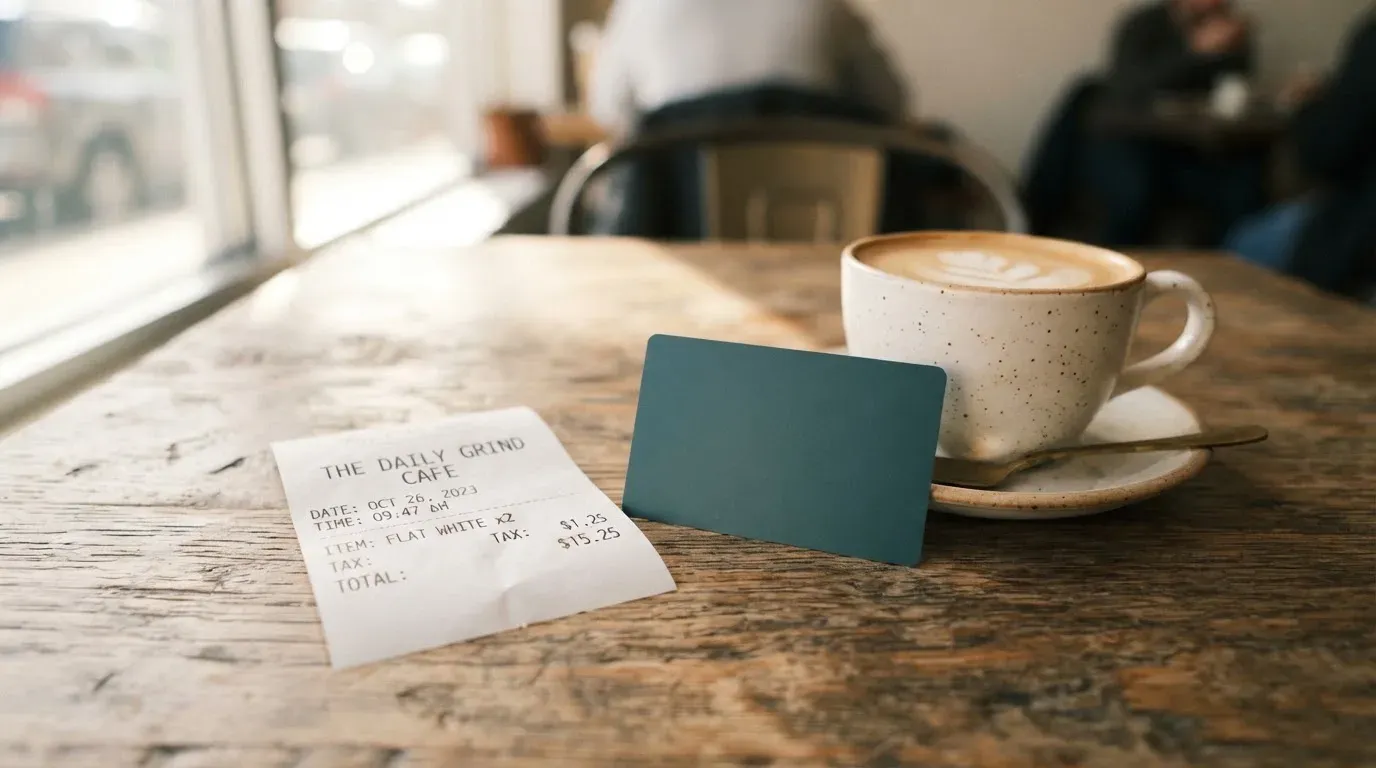 A receipt and a card on a café table