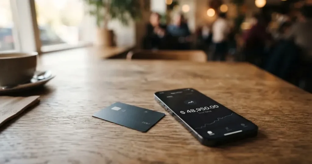A payment card next to a phone with a crypto wallet app open