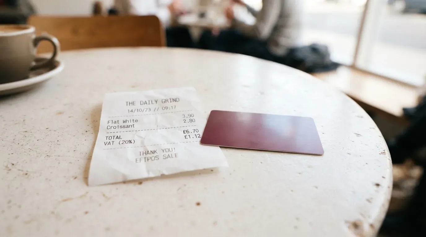A receipt and a card on a café table