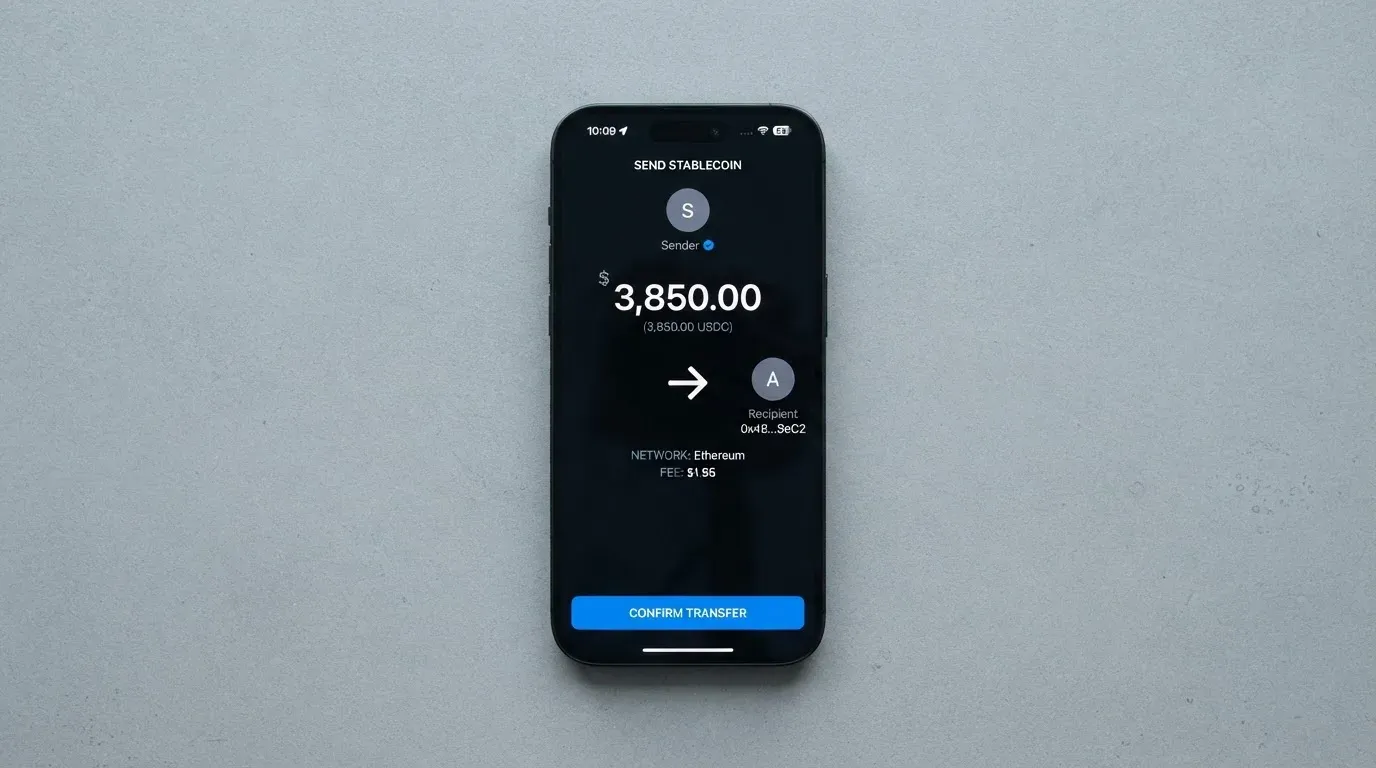 A phone showing a stablecoin transfer screen