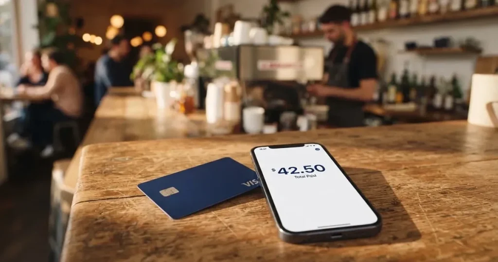 A payment card next to a phone with a crypto wallet app open