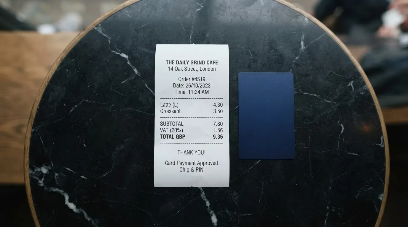 A receipt and a card on a café table
