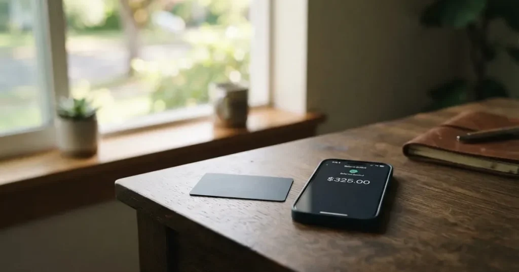A payment card next to a phone with a crypto wallet app open