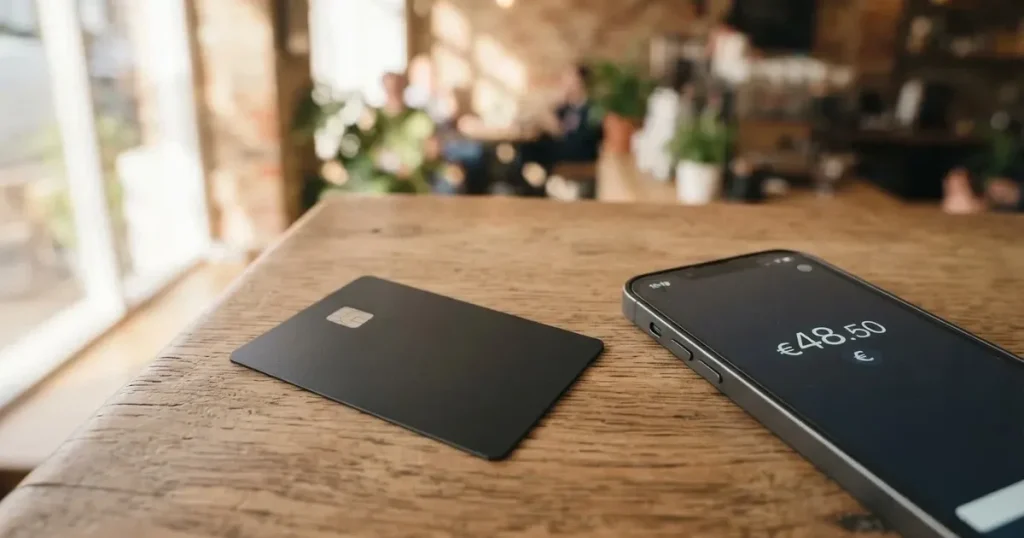 A payment card next to a phone with a crypto wallet app open