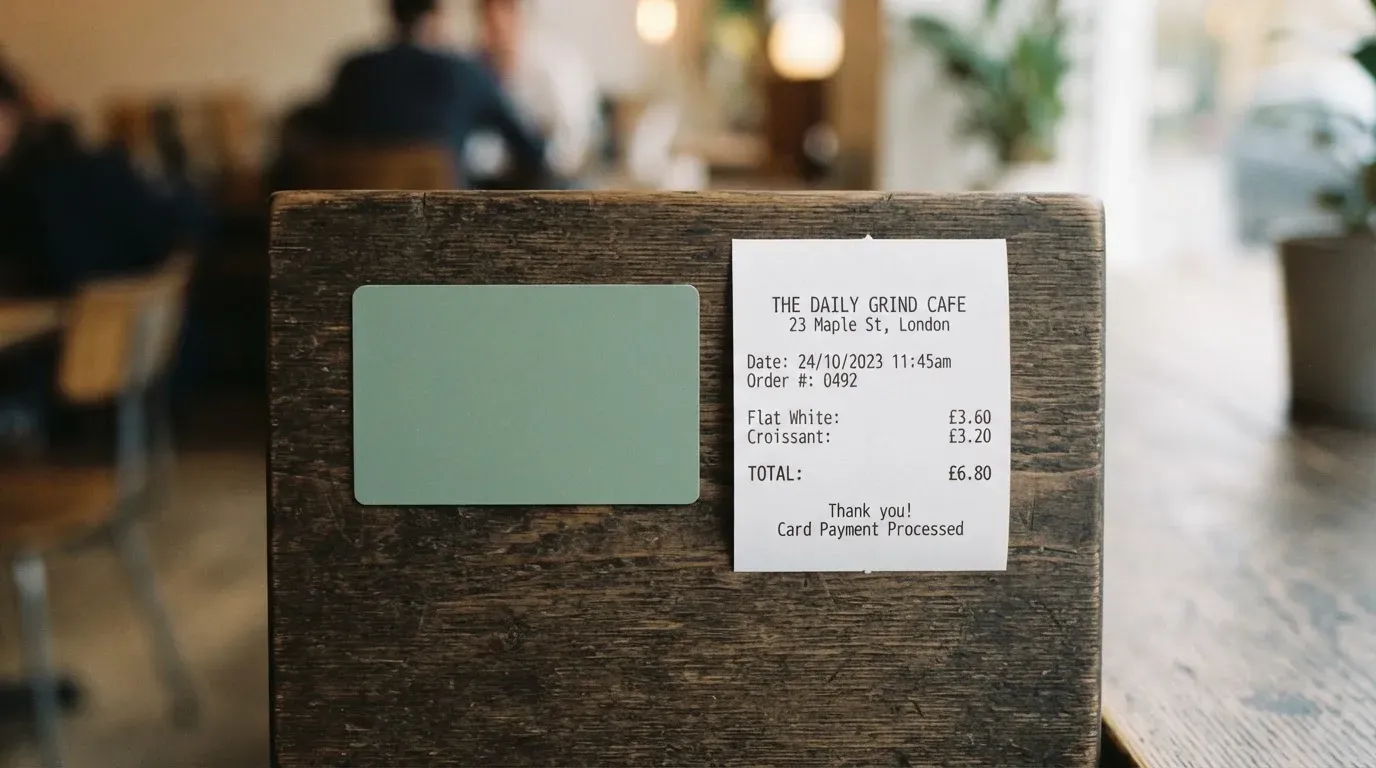 A receipt and a card on a café table