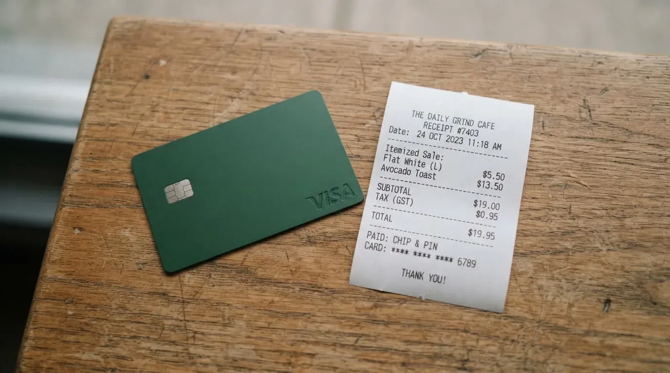 A receipt and a card on a café table
