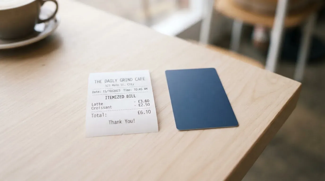 A receipt and a card on a café table