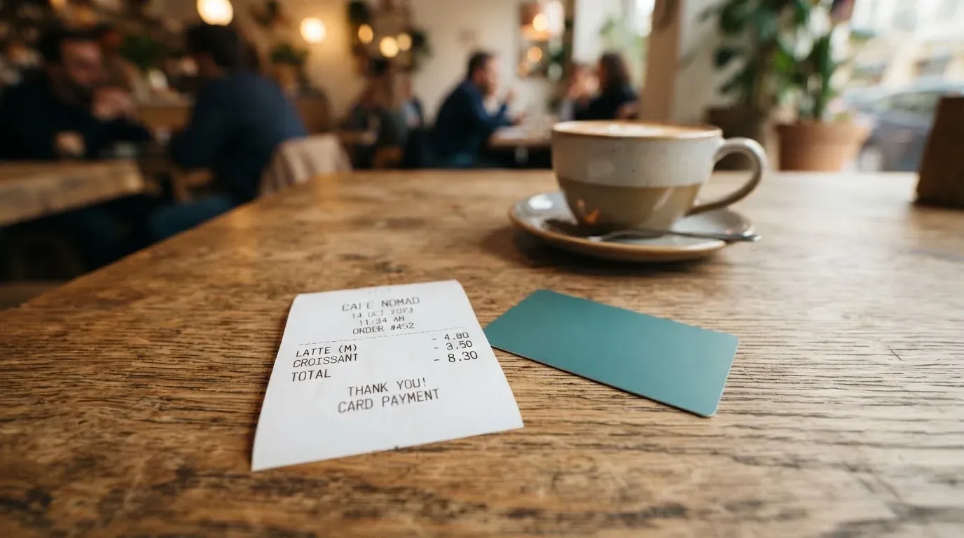 A receipt and a card on a café table