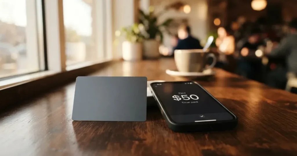 A payment card next to a phone with a crypto wallet app open