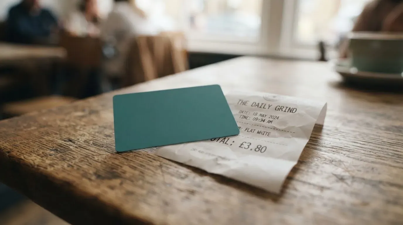 A receipt and a card on a café table
