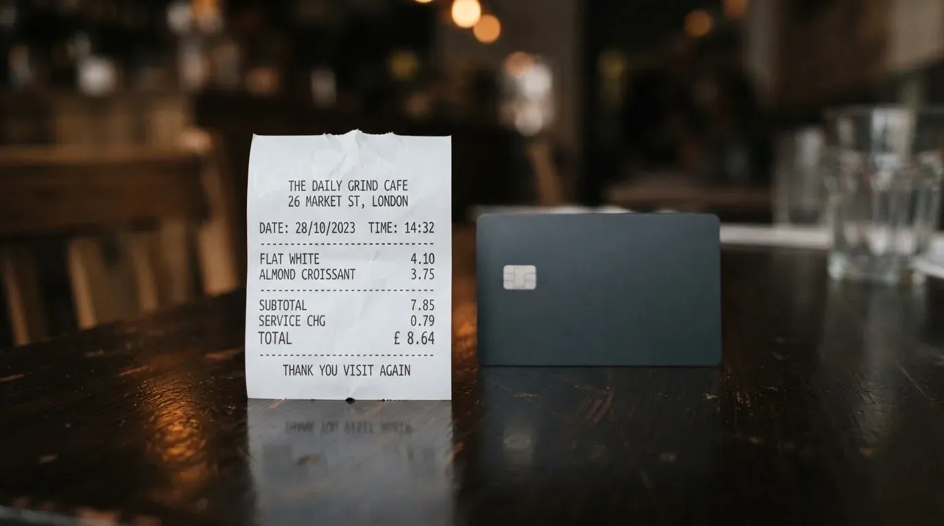 A receipt and a card on a café table