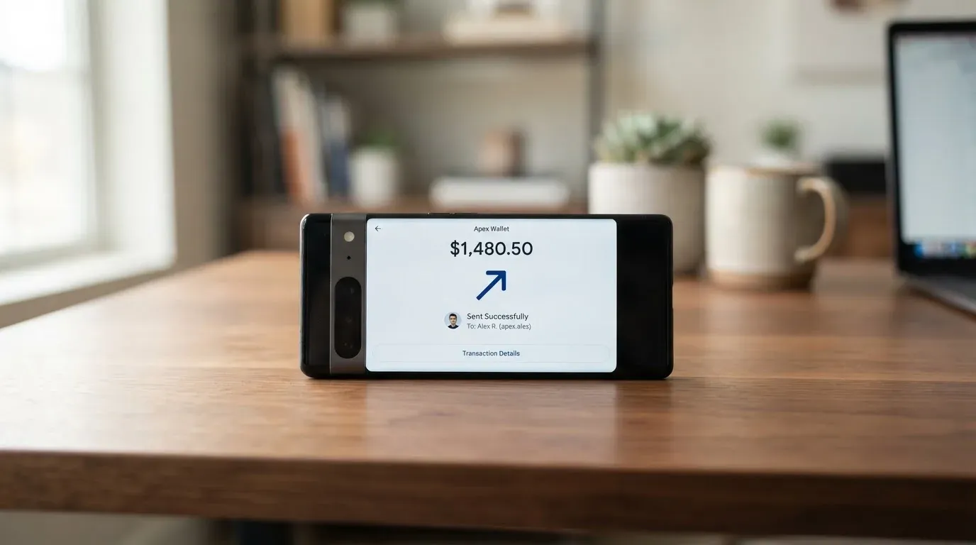 A phone showing a stablecoin transfer screen