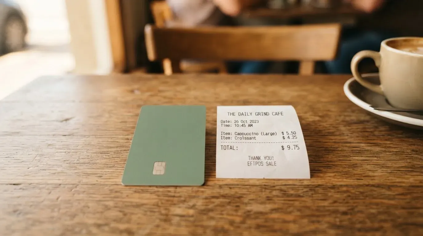 A receipt and a card on a café table