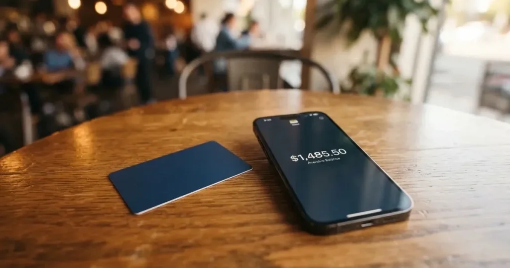 A payment card next to a phone with a crypto wallet app open