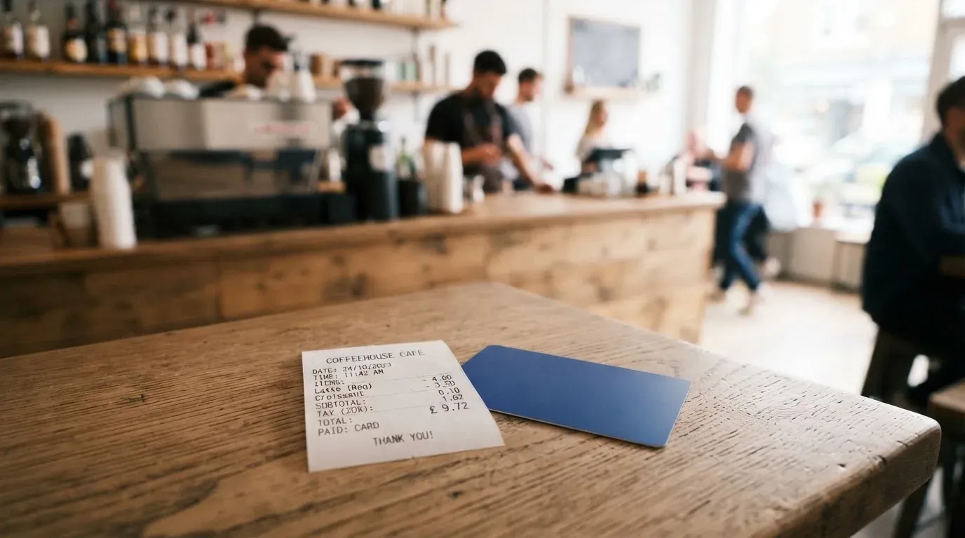 A receipt and a card on a café table