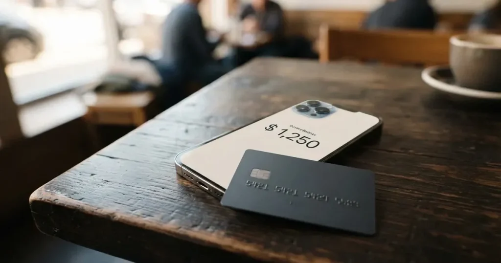 A payment card next to a phone with a crypto wallet app open