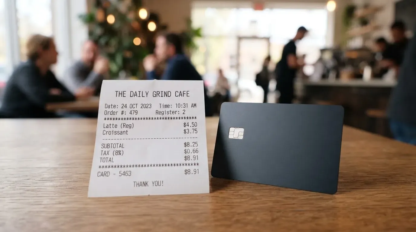 A receipt and a card on a café table