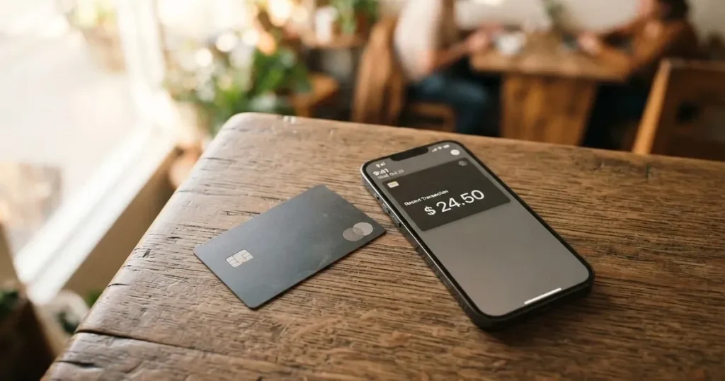 A payment card next to a phone with a crypto wallet app open
