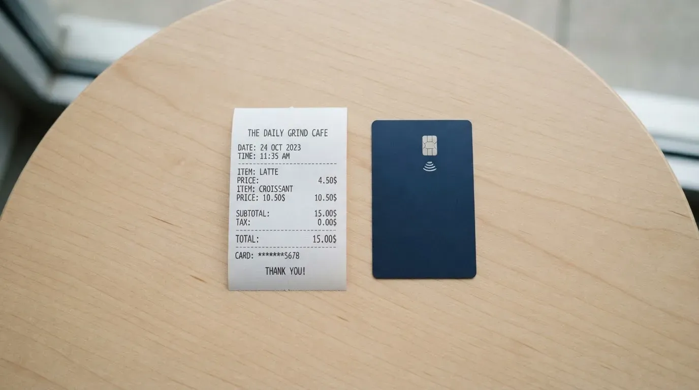 A receipt and a card on a café table