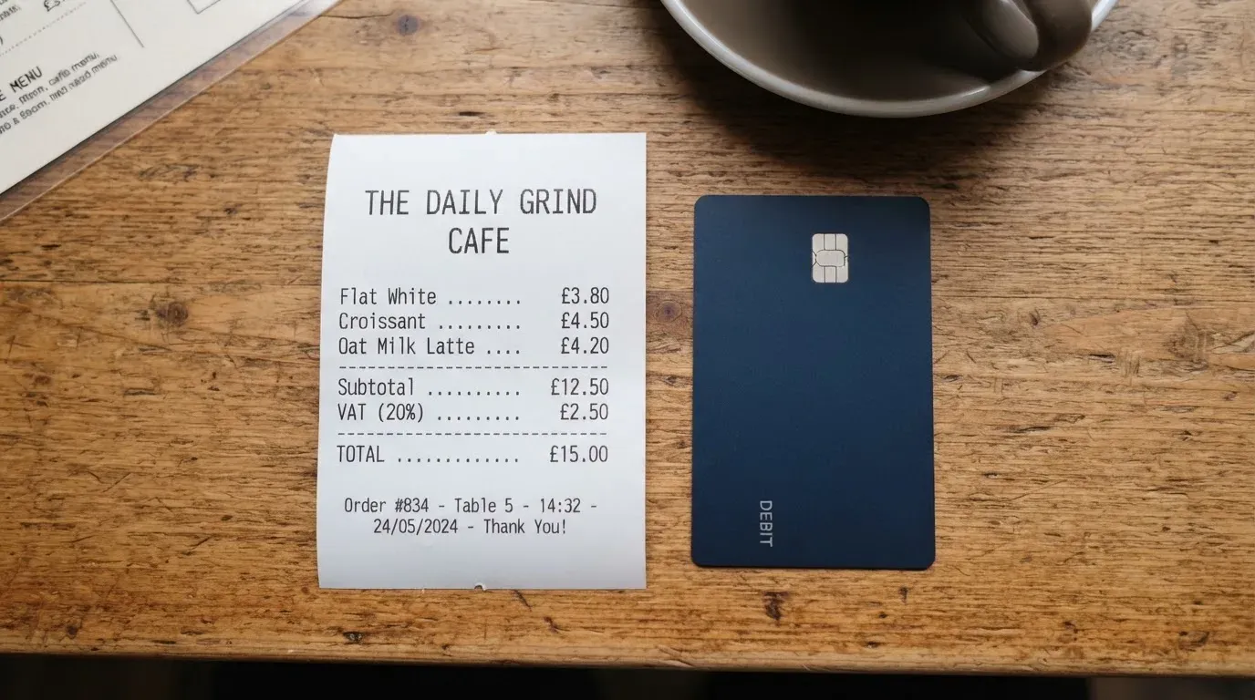A receipt and a card on a café table