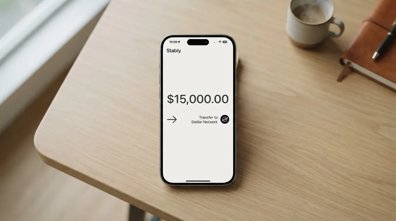 A phone showing a stablecoin transfer screen