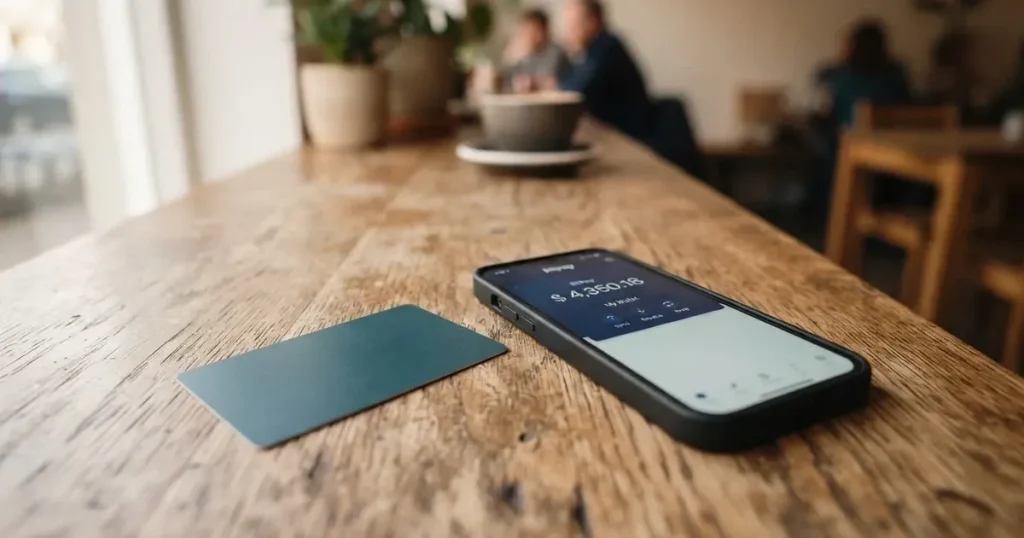 A payment card next to a phone with a crypto wallet app open