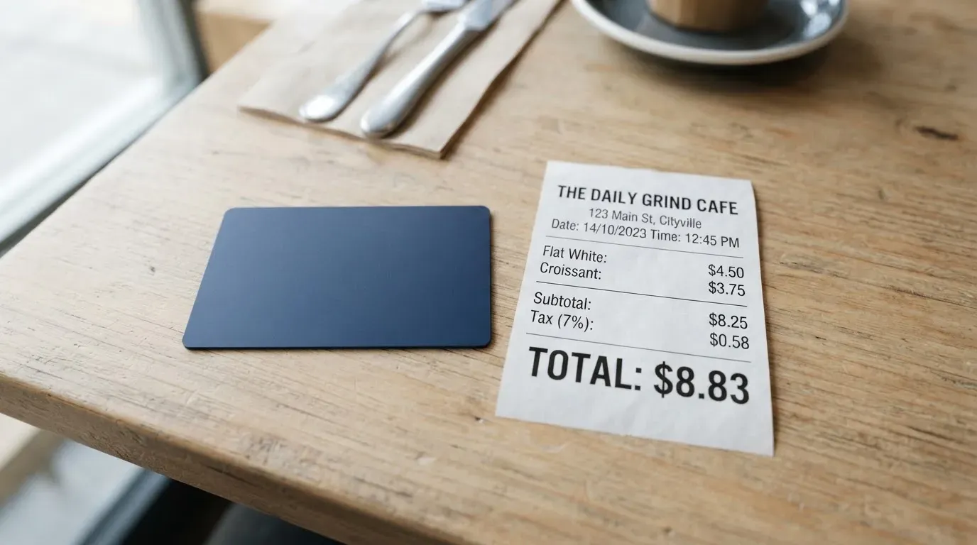 A receipt and a card on a café table