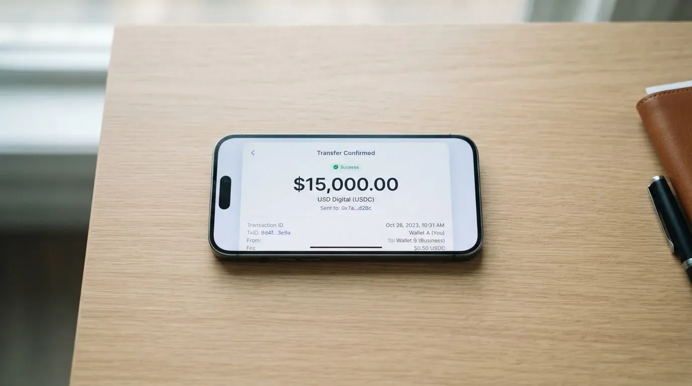 A phone showing a stablecoin transfer screen