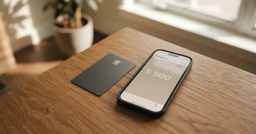 A payment card next to a phone with a crypto wallet app open