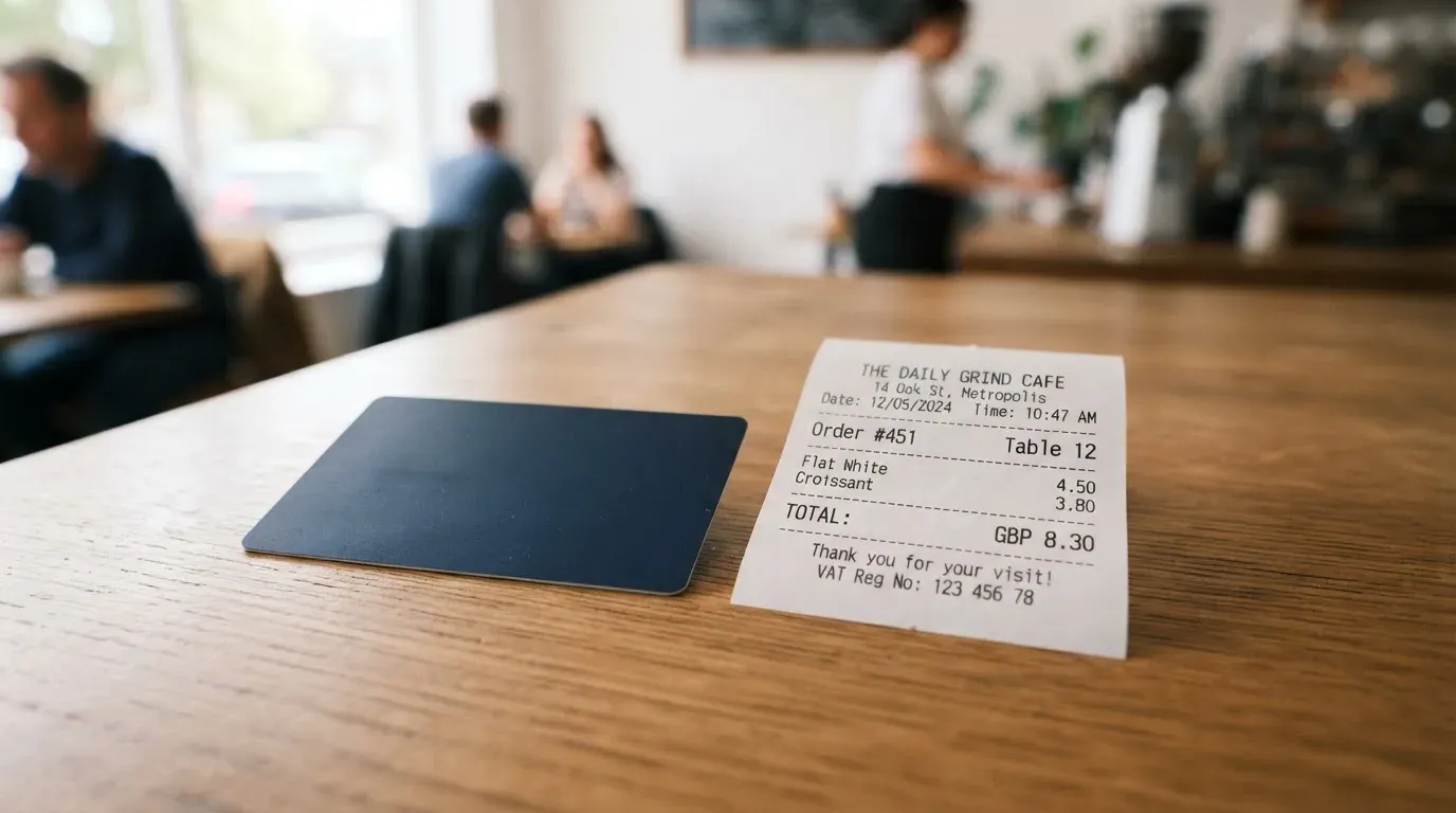 A receipt and a card on a café table