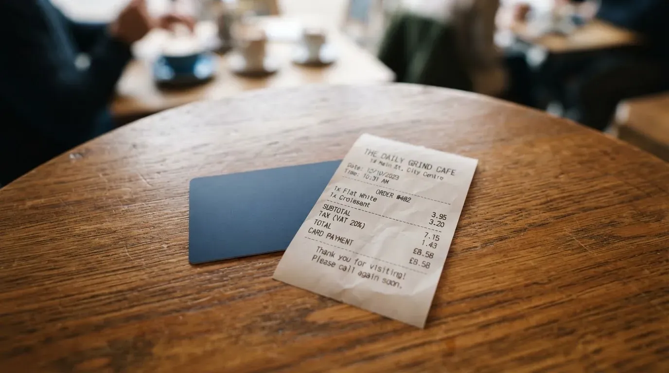 A receipt and a card on a café table