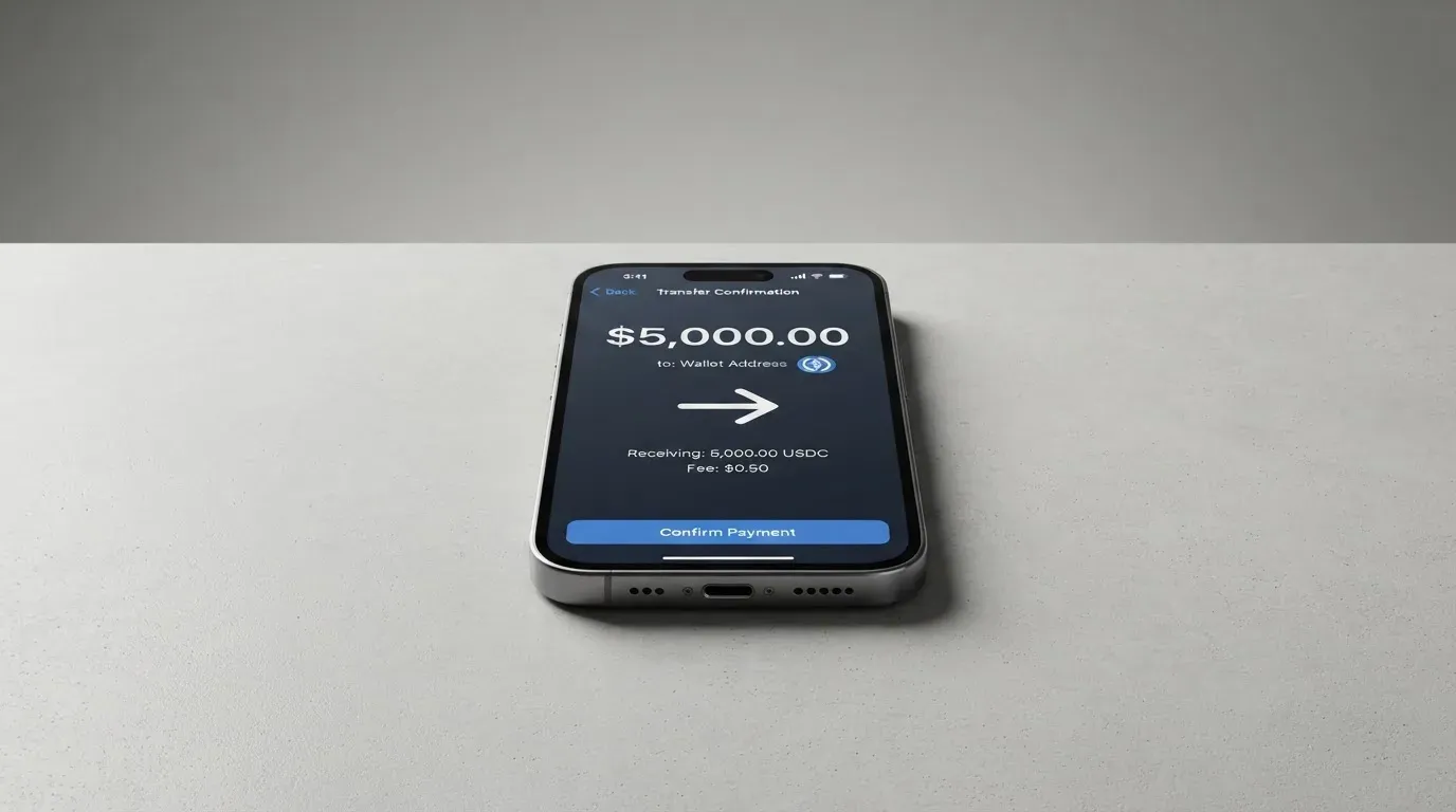 A phone showing a stablecoin transfer screen