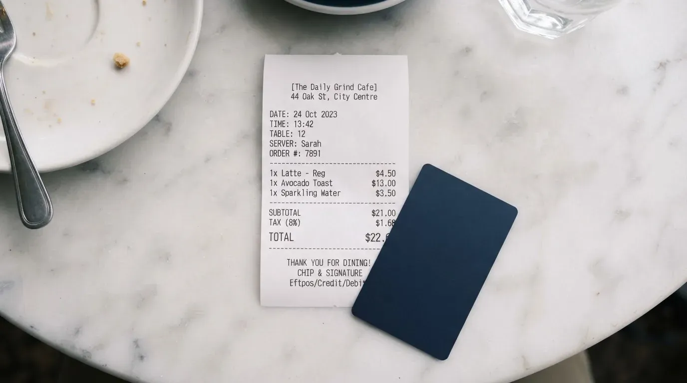 A receipt and a card on a café table
