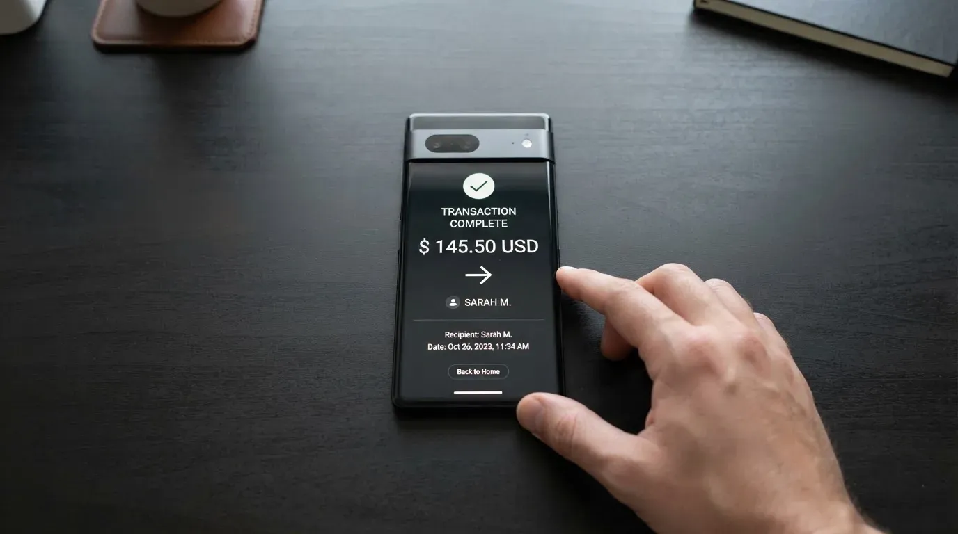 A phone showing a stablecoin transfer screen