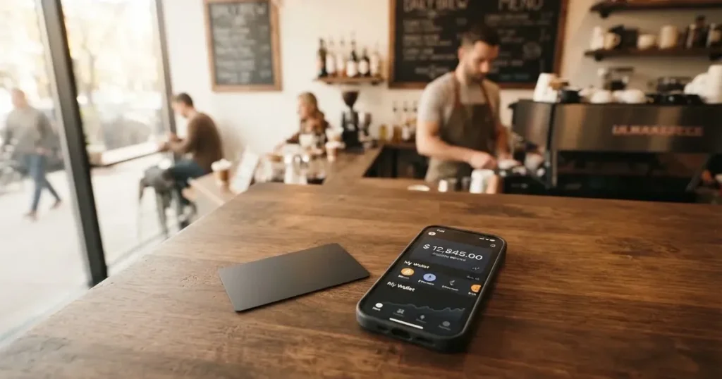 A payment card next to a phone with a crypto wallet app open