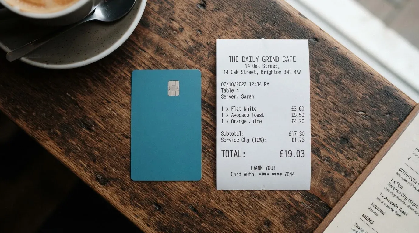 A receipt and a card on a café table
