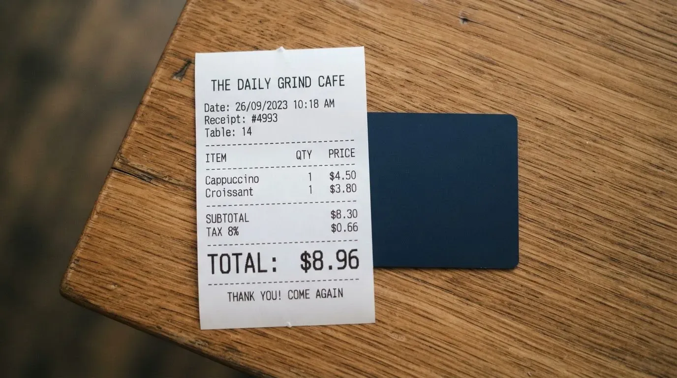 A receipt and a card on a café table