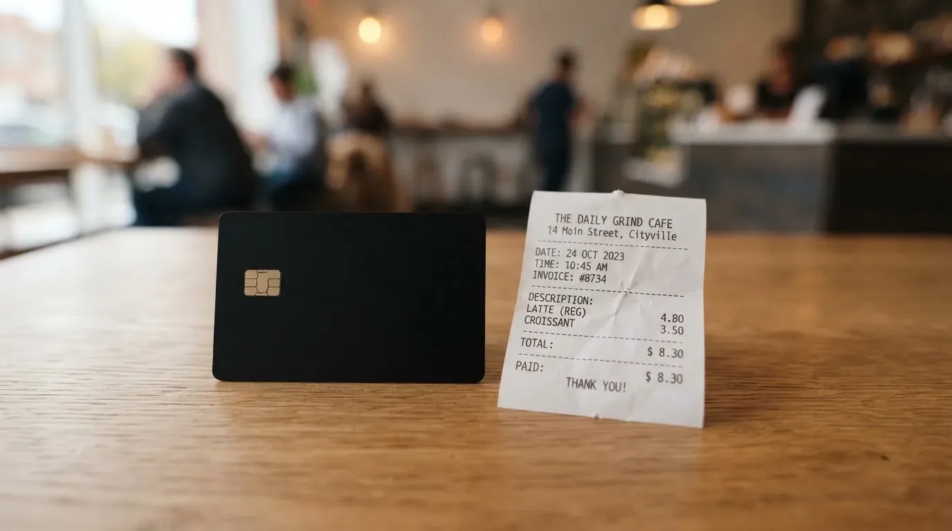 A receipt and a card on a café table