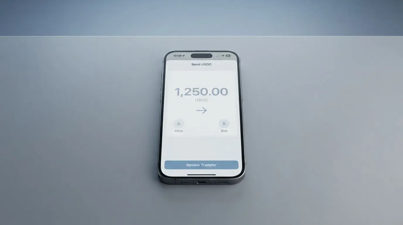 A phone showing a stablecoin transfer screen