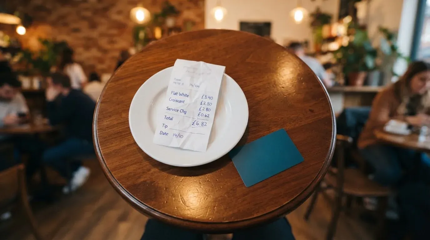 A receipt and a card on a café table