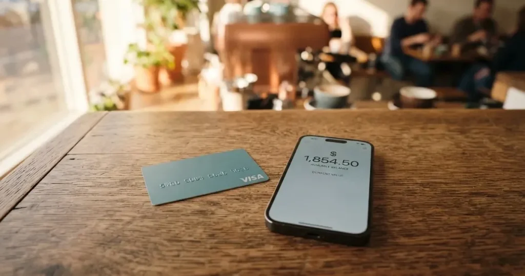 A payment card next to a phone with a crypto wallet app open