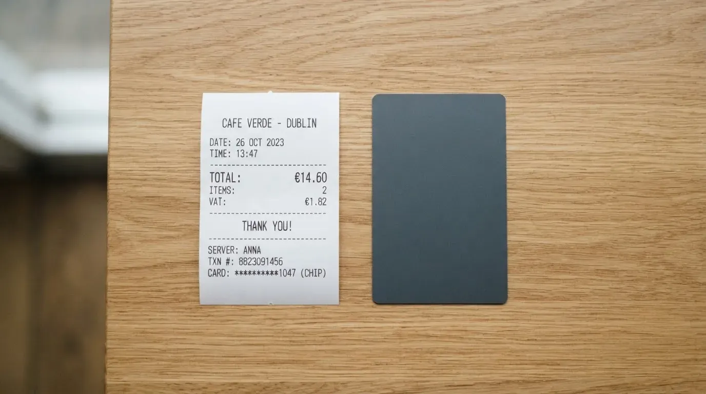 A receipt and a card on a café table