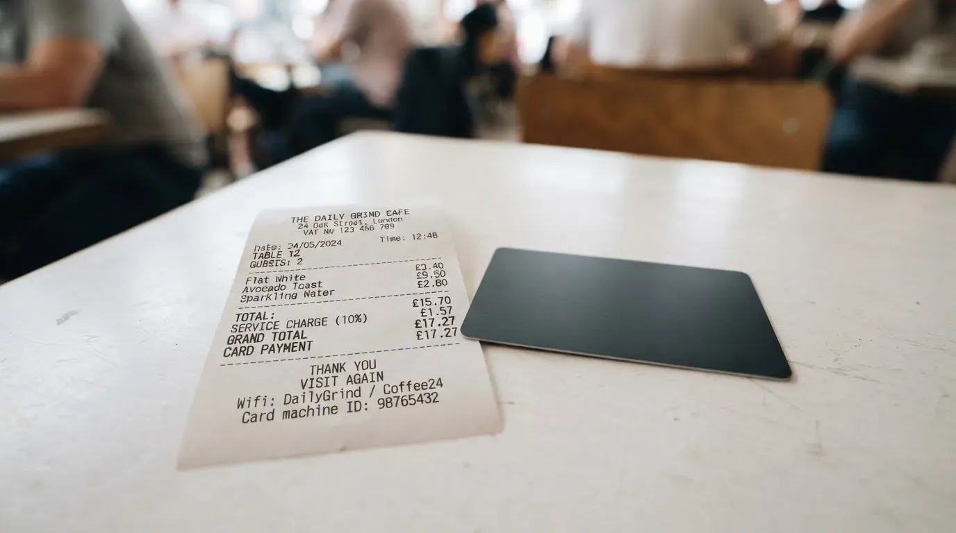 A receipt and a card on a café table