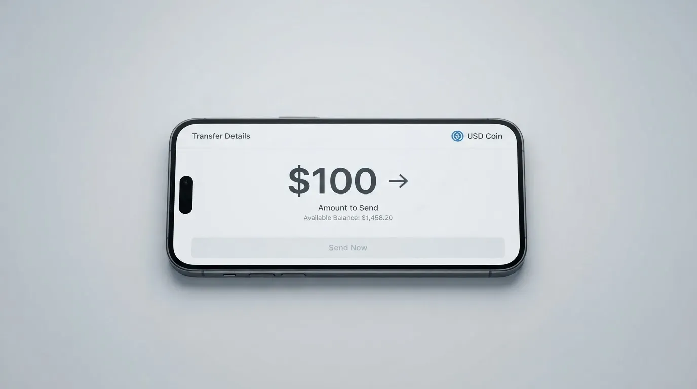 A phone showing a stablecoin transfer screen