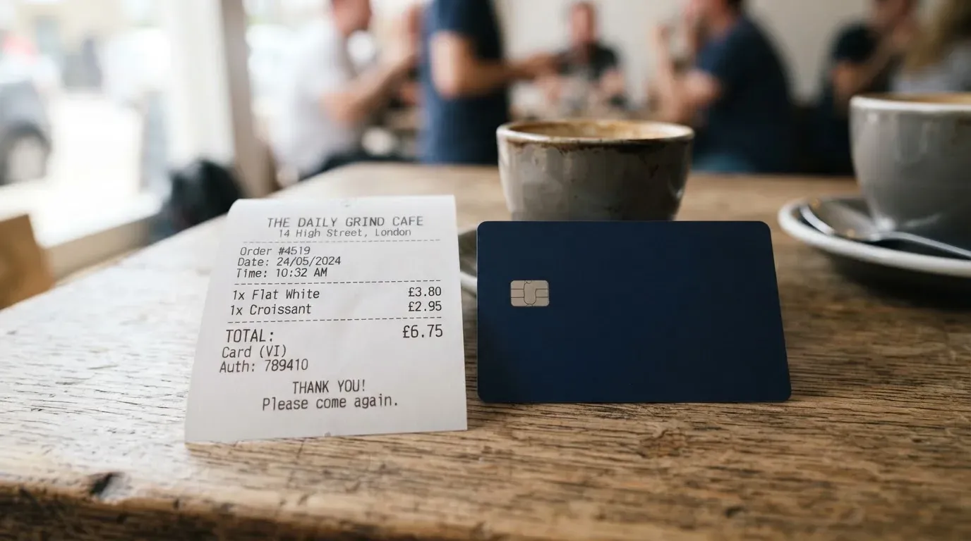 A receipt and a card on a café table